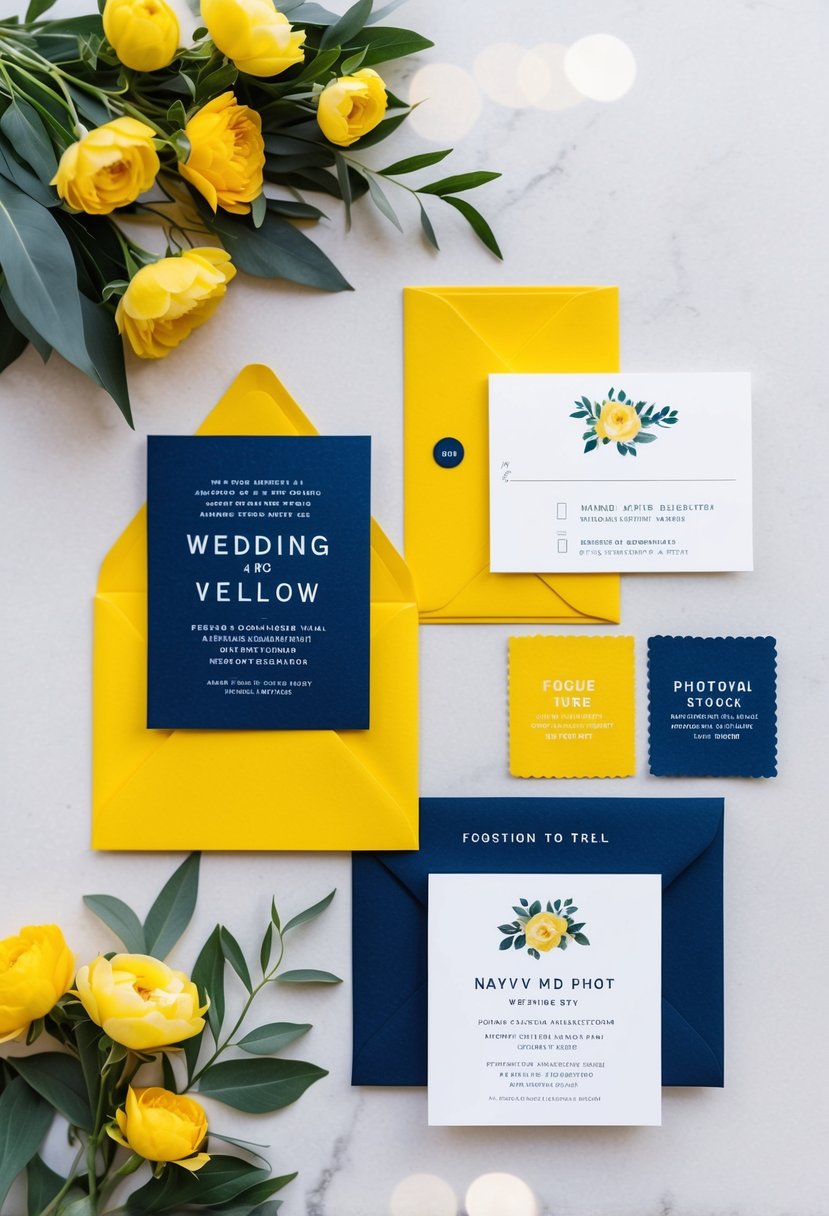 A navy and yellow wedding invitation suite with coordinating color swatches and floral accents