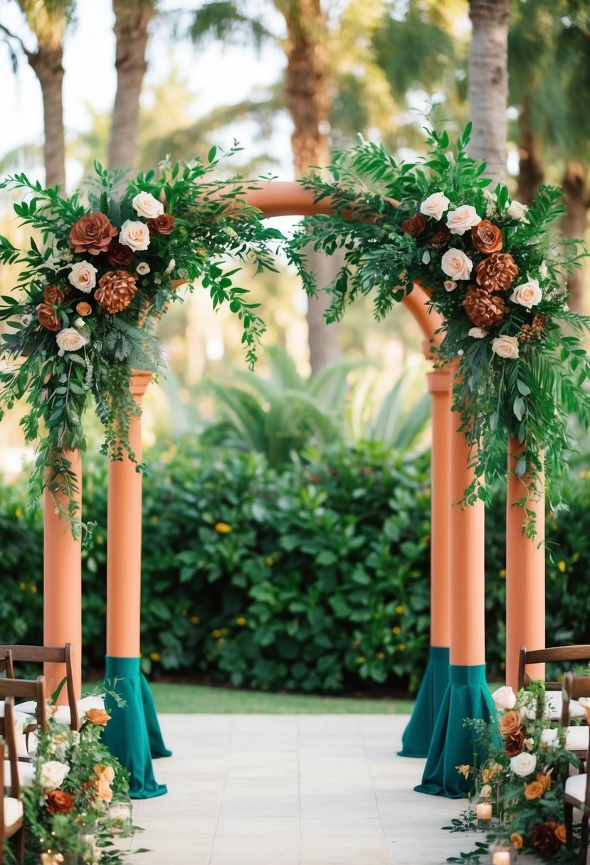 Emerald and terracotta wedding arches stand adorned with lush greenery and rich earth-toned flowers, creating a vibrant and elegant backdrop for a wedding ceremony