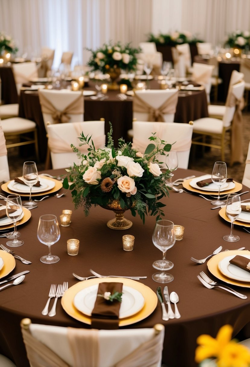 A richly decorated wedding table with brown and gold tablecloth, floral centerpieces, and elegant place settings