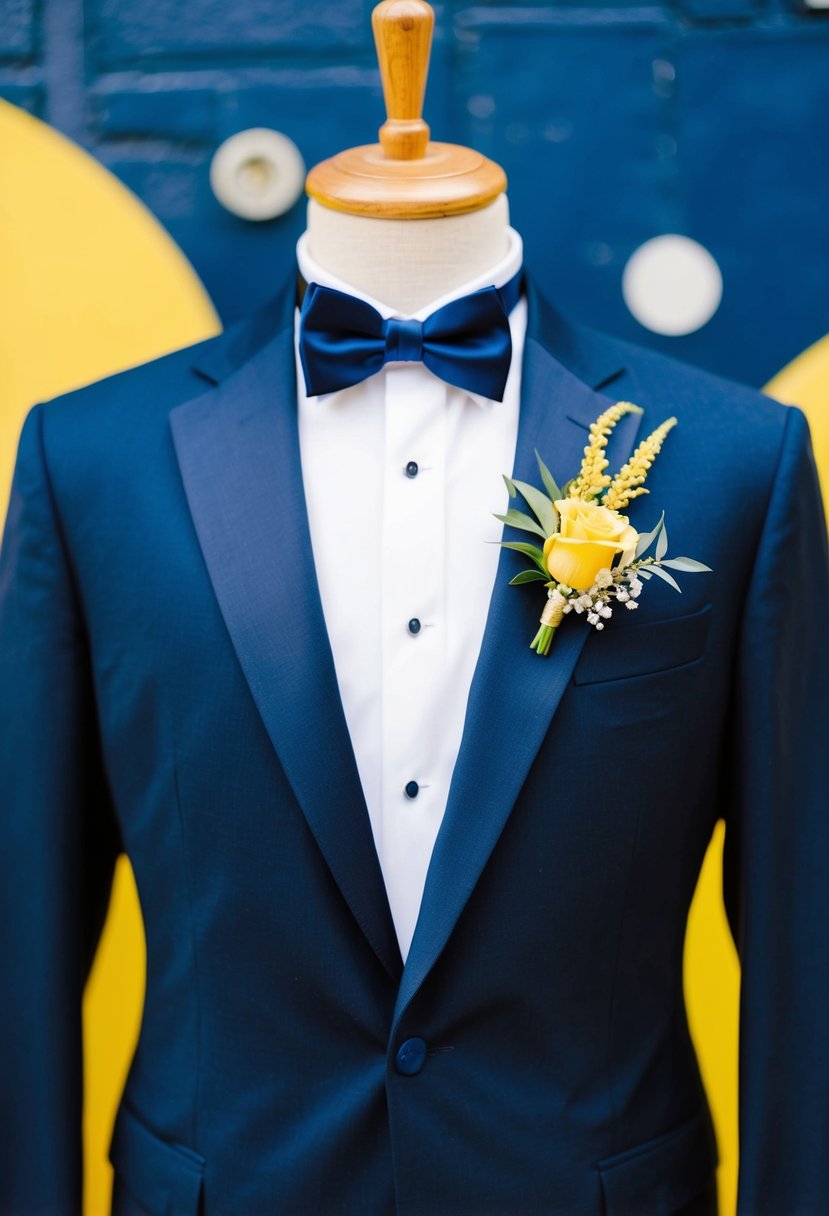 A navy tuxedo jacket with a yellow boutonniere against a navy and yellow color palette