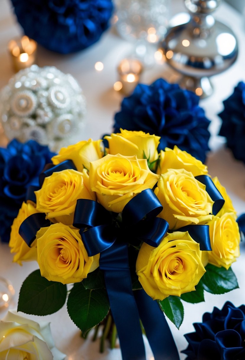 Yellow roses tied with navy ribbon in a bouquet, surrounded by navy blue decor for a wedding