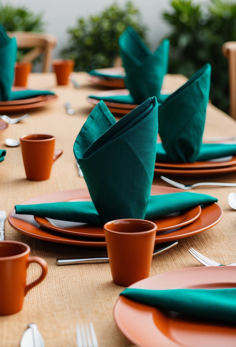 Terracotta-colored tableware with emerald napkins arranged on a table