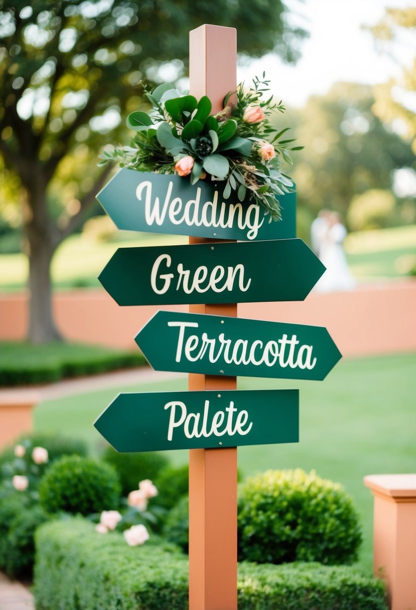 A lush emerald green and warm terracotta color palette for wedding signage and decor