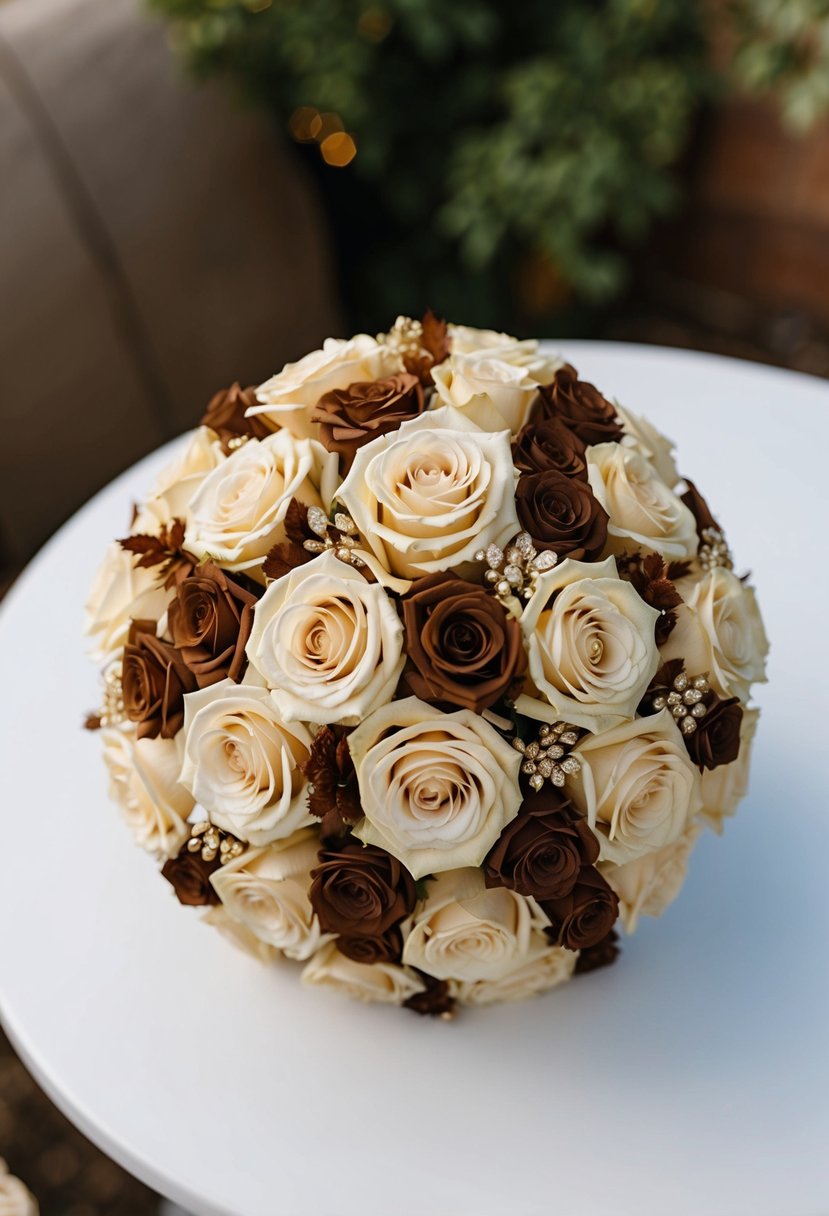 Bouquets of champagne roses interwoven with brown and gold accents for a wedding