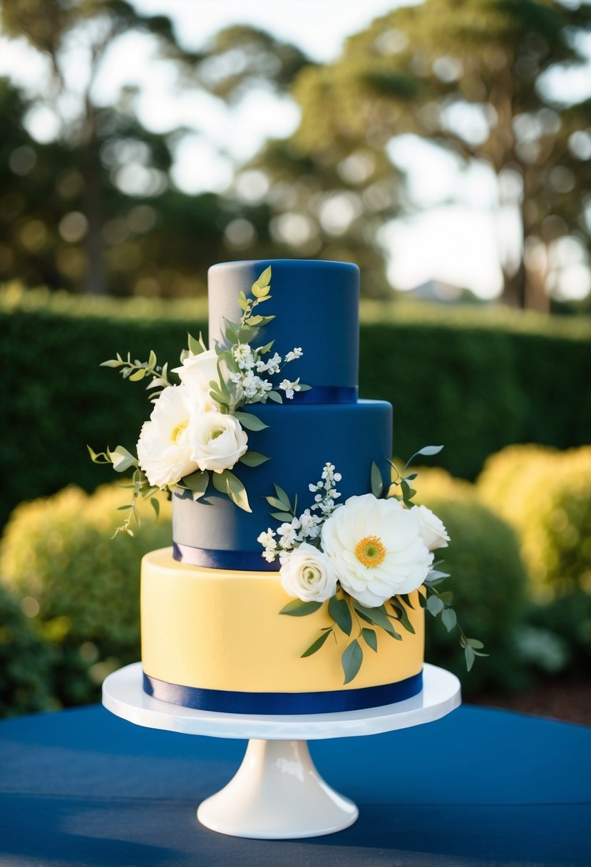 A navy and yellow wedding cake adorned with floral decorations