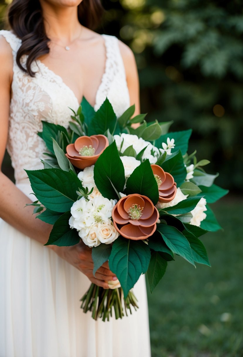 Emerald leaves and terracotta flowers in a bridal bouquet