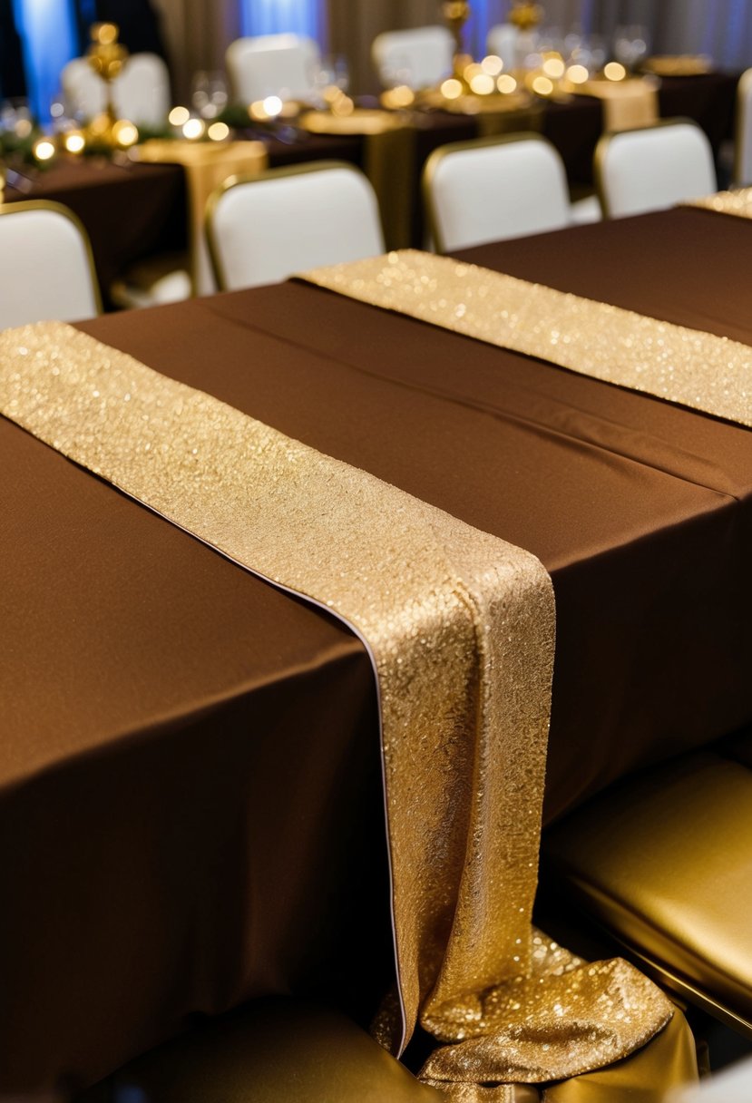 Gold table runners draped over a rich brown table, complemented by gold accents and decor for a luxurious wedding setting