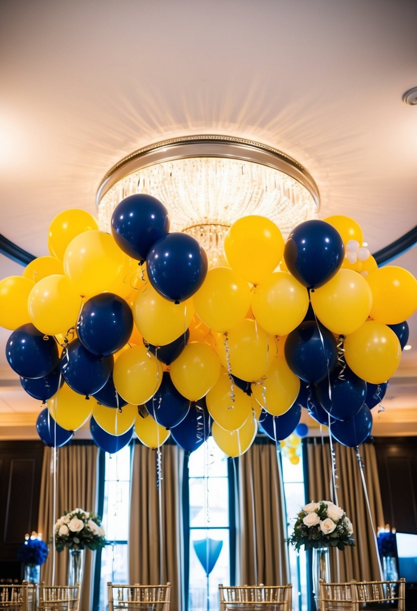 A festive display of navy and yellow balloons for a wedding celebration