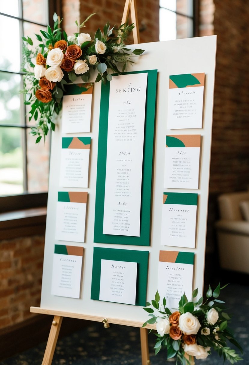 An elegant seating chart with emerald green and terracotta accents, arranged in a stylish and sophisticated manner