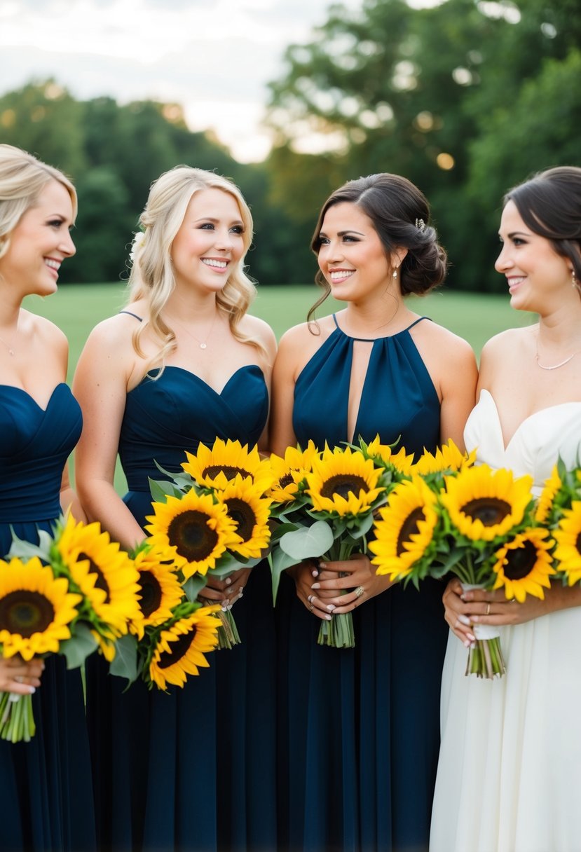 Navy bridesmaid dresses with sunflower bouquets in a navy and yellow wedding color scheme