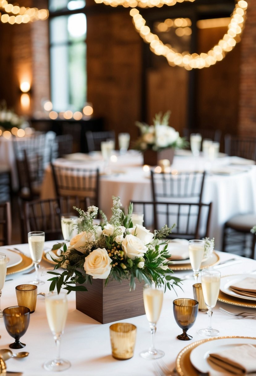 A table set with ivory and brown centerpieces, accented with gold details for a wedding