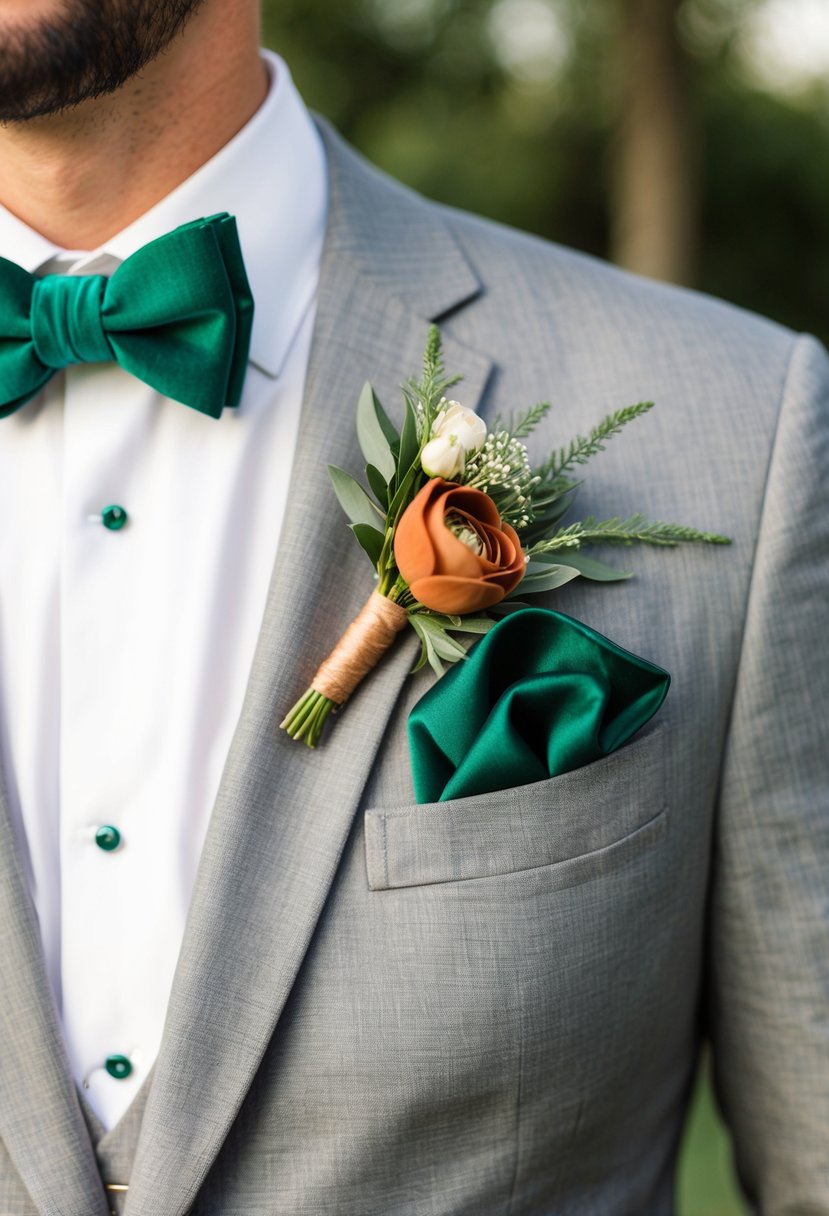 A groom's suit with emerald pocket square and terracotta boutonniere