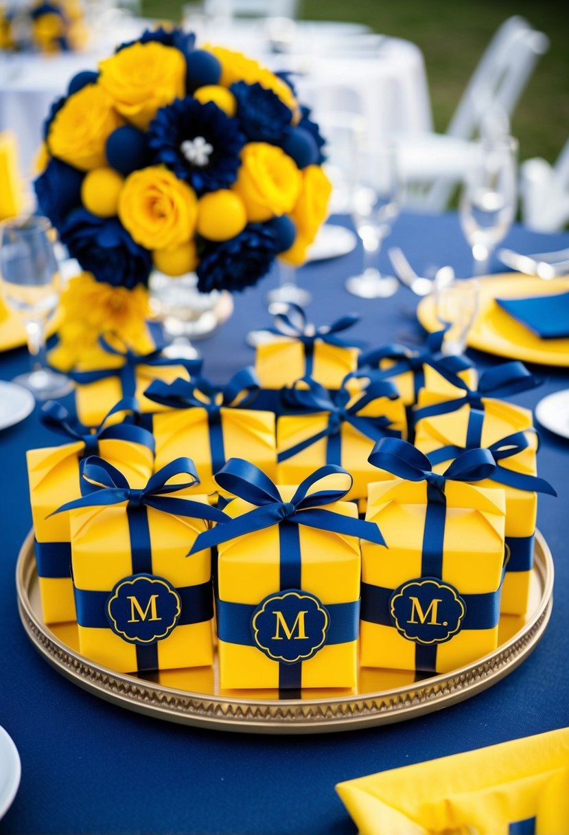 Yellow and navy monogrammed wedding favors arranged on a table with coordinating yellow and navy blue decor