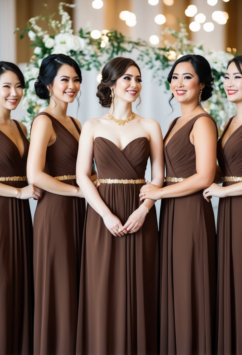 A group of bridesmaid dresses in rich chocolate brown, accented with gold details, set against a backdrop of elegant wedding decor