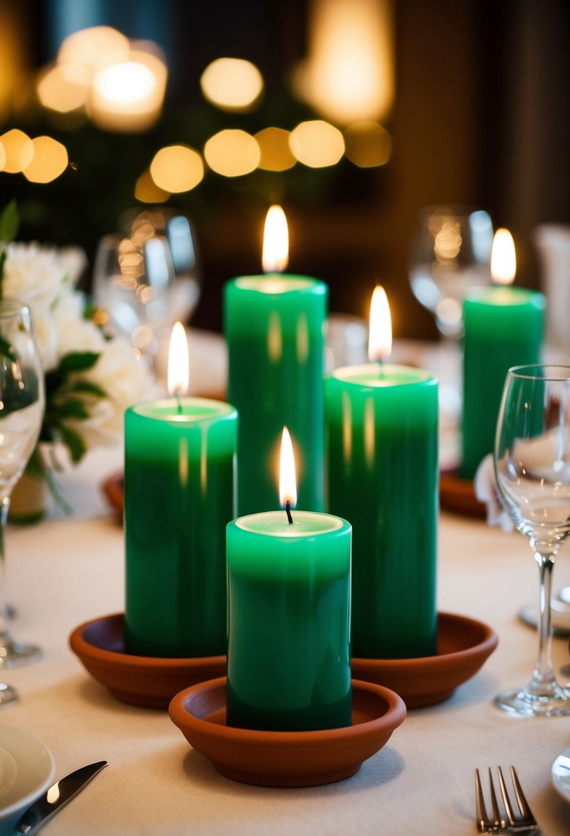 Emerald green candles in terracotta holders illuminate a wedding table