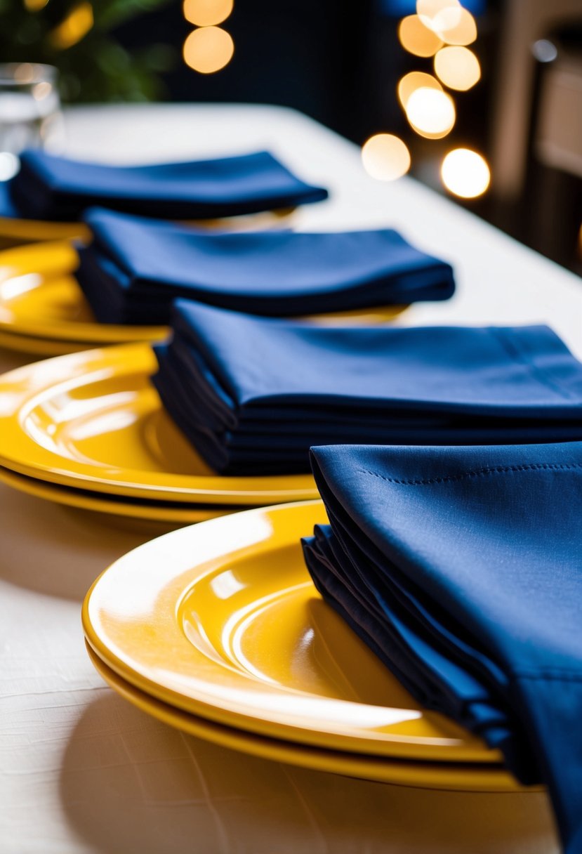 Navy blue napkins neatly folded on yellow plates