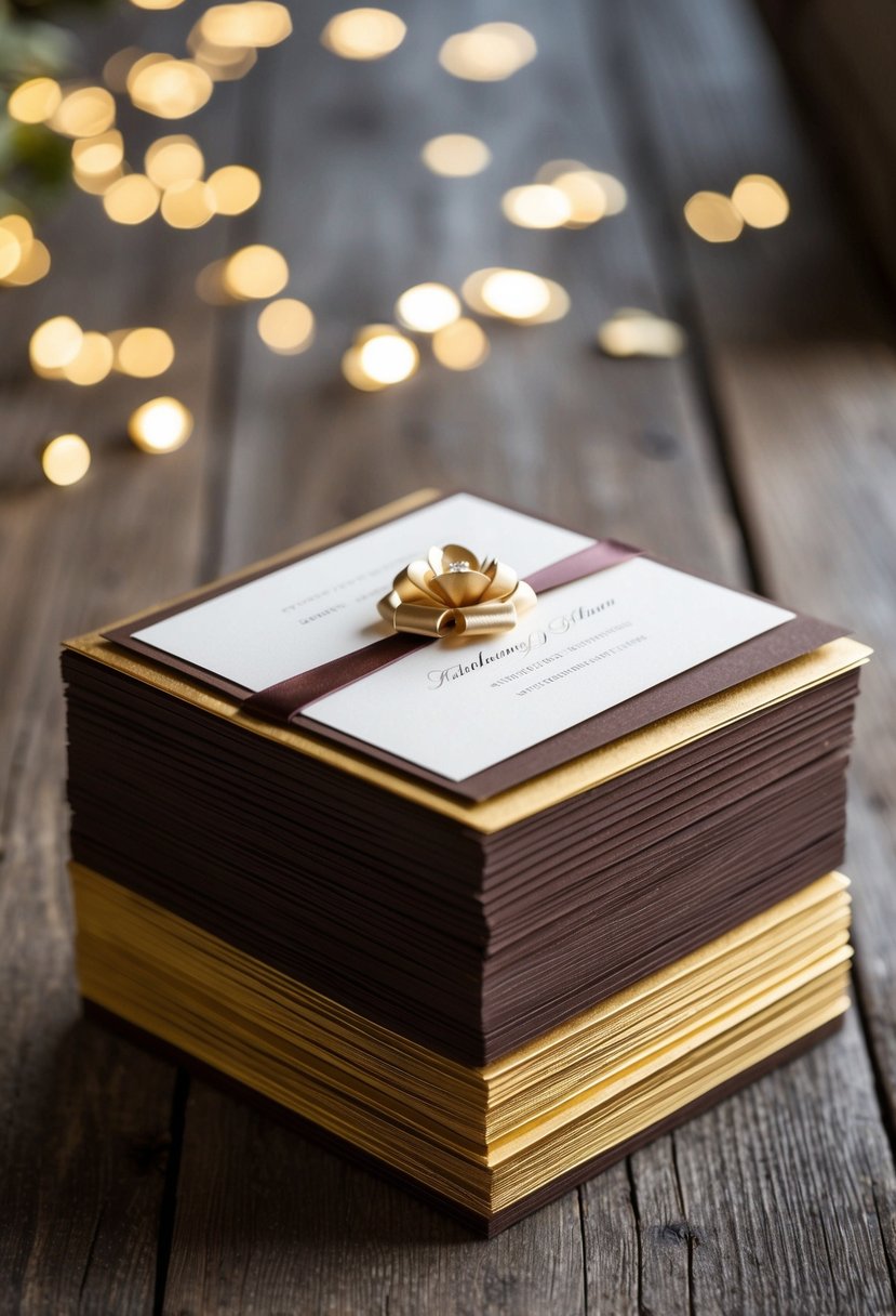 A stack of elegant gold and brown wedding invitations arranged on a rustic wooden table