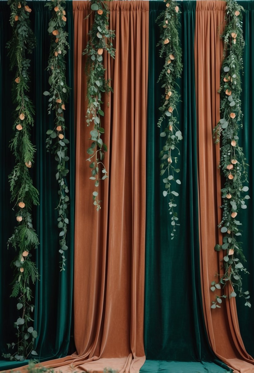 An emerald green and terracotta colored backdrop with cascading greenery and terracotta accents