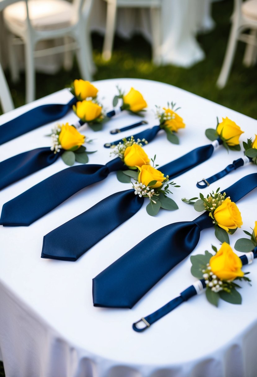 Navy blue ties and yellow boutonnieres arranged on a white tablecloth