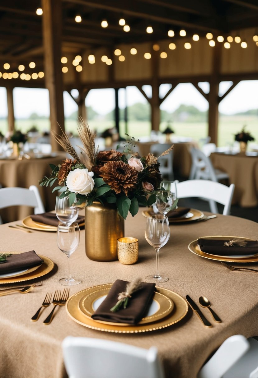 A table set with burlap tablecloth, gold accents, and brown floral centerpieces for a rustic wedding