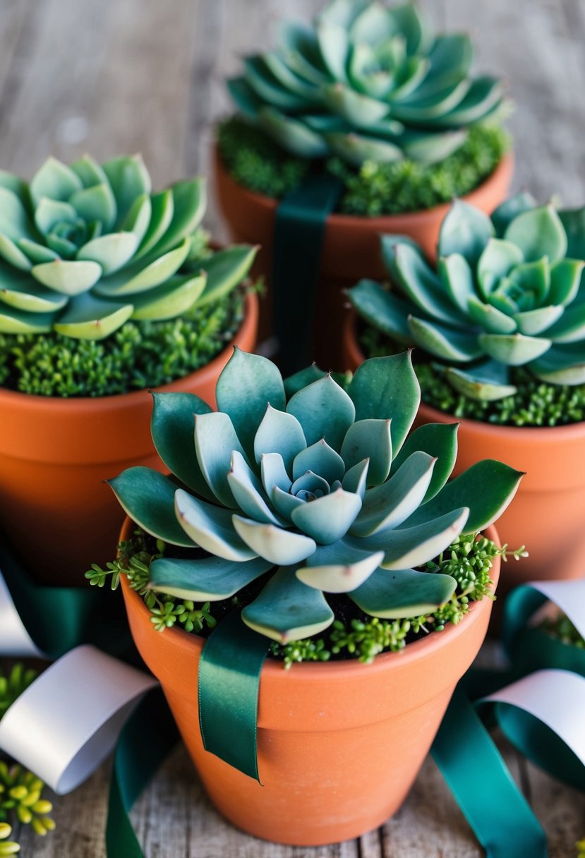 Terracotta pots filled with emerald green succulents, surrounded by matching ribbon and foliage