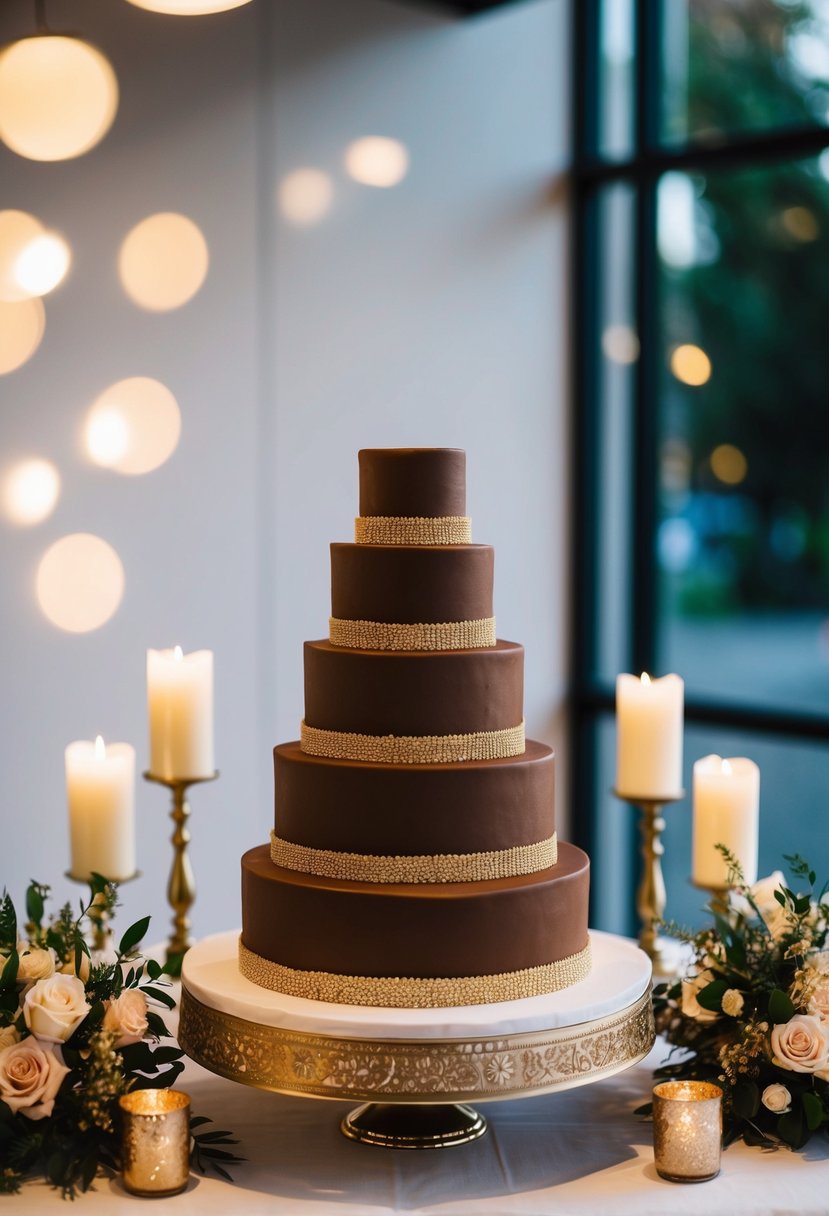 A tiered wedding cake with brown frosting and gold accents sits on a decorated table, surrounded by matching floral arrangements and candles