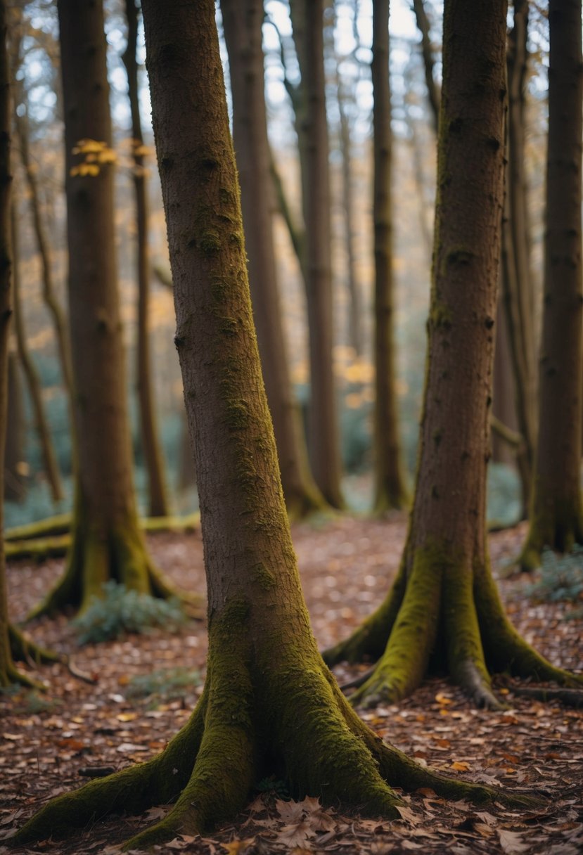 A woodland setting with brown and gold accents, featuring moss-covered trees, fallen leaves, and a serene atmosphere