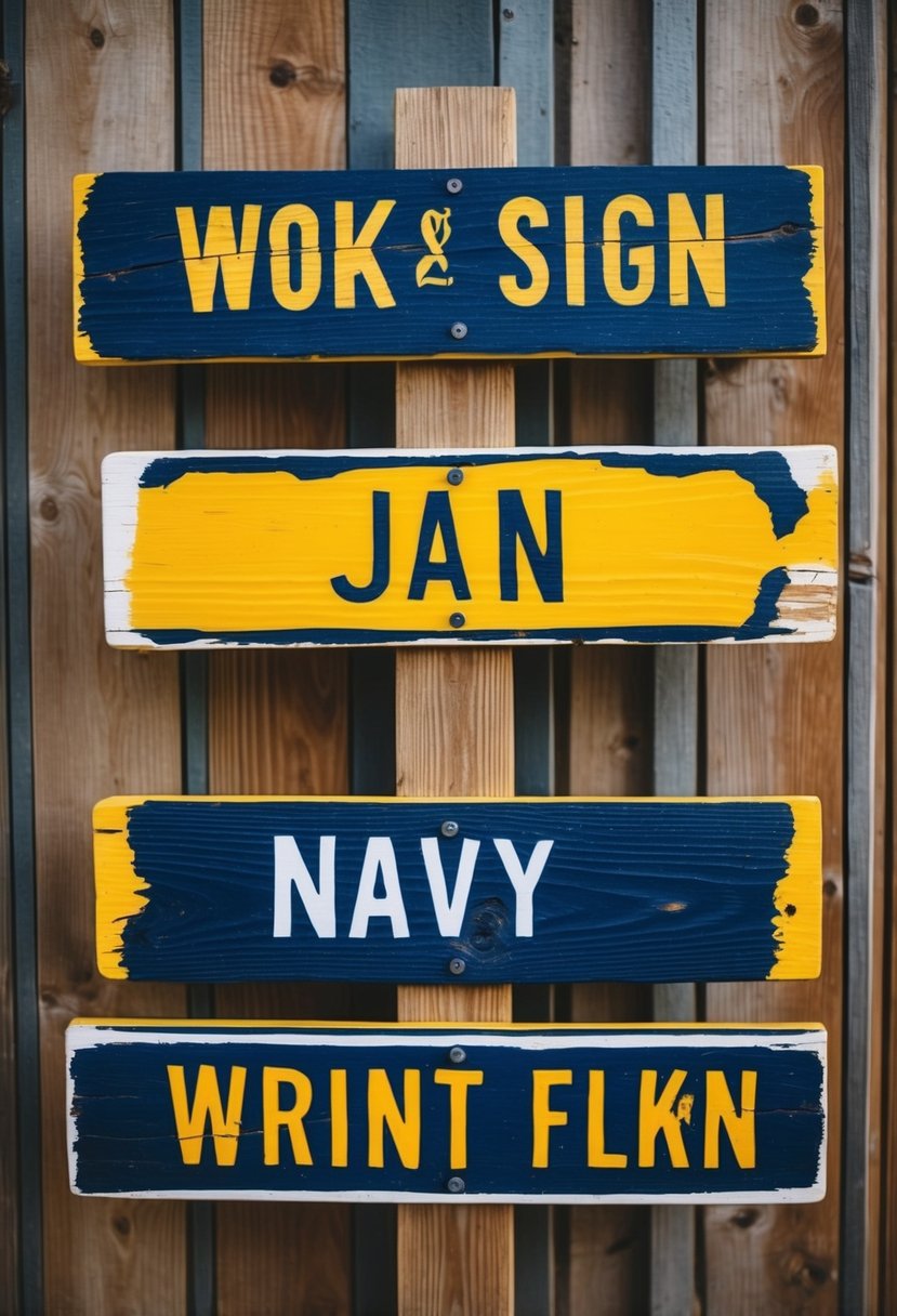 Rustic wooden signs with navy and yellow paint