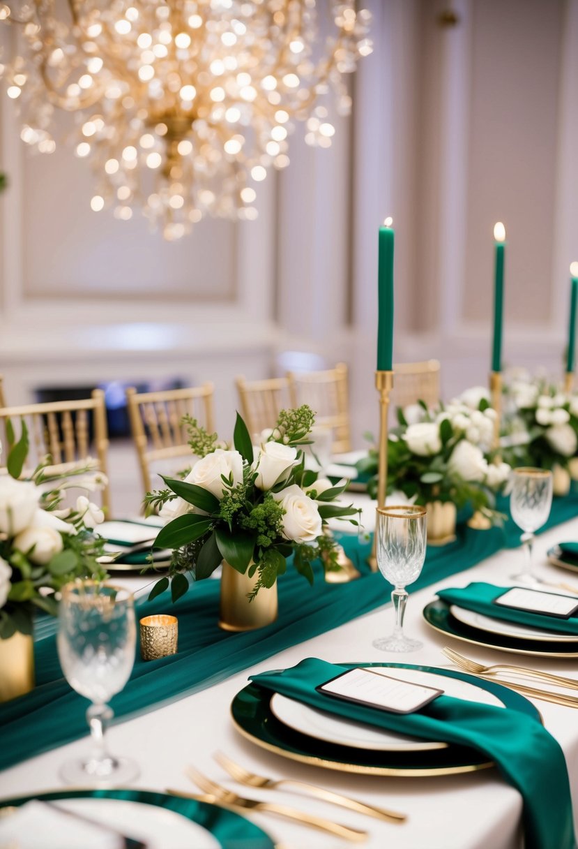 An elegant table set with emerald green and gold accents for a luxurious wedding celebration