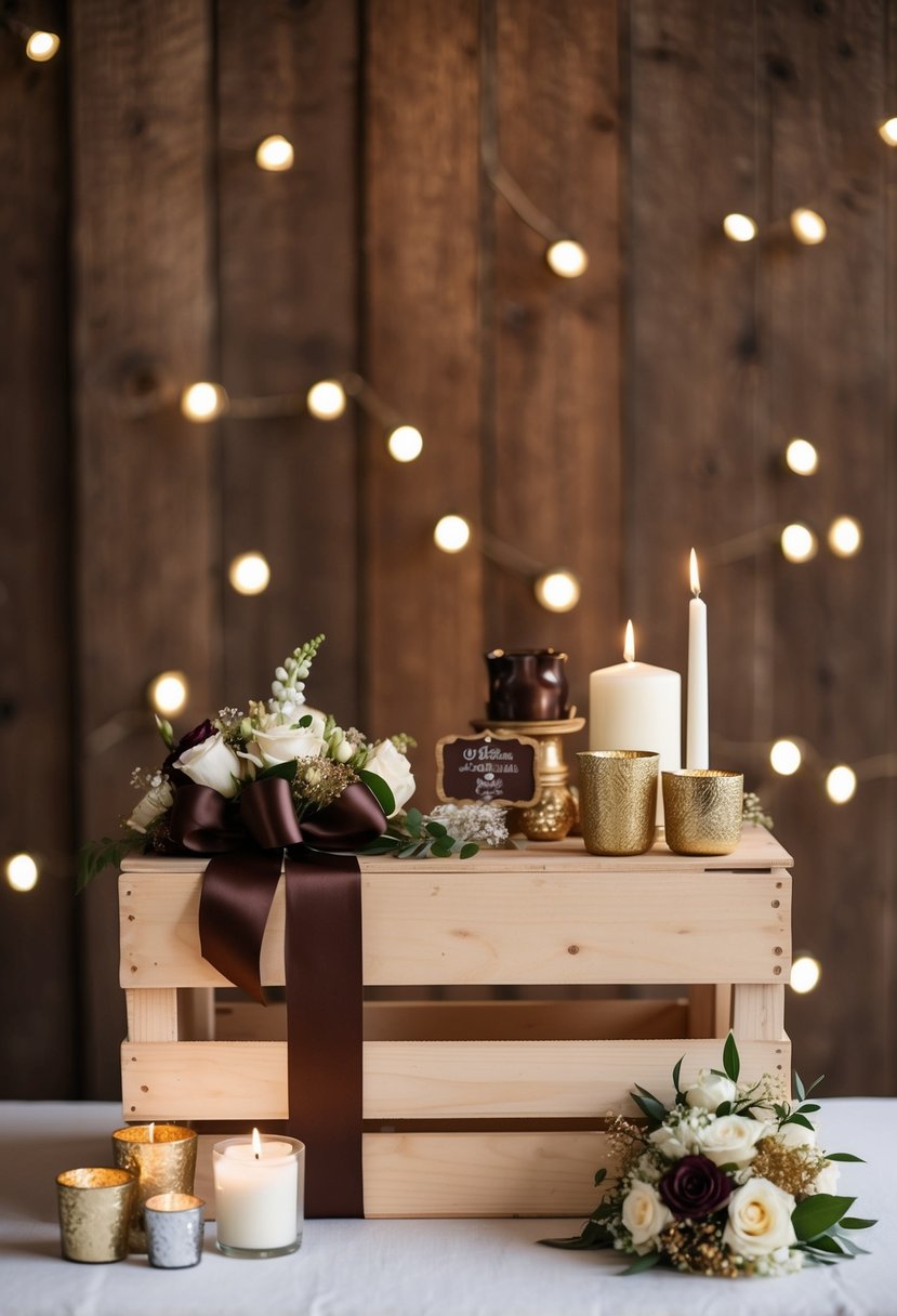 A wooden crate adorned with brown and gold wedding decor, including ribbons, flowers, and candles, set against a rustic backdrop