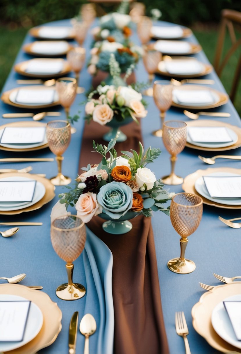 A dusty blue and brown wedding table setting with gold accents and floral centerpieces