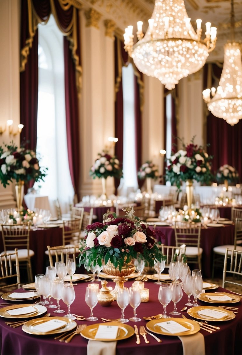 A grand ballroom adorned with rich burgundy and gold decor, including elegant floral arrangements and gilded table settings