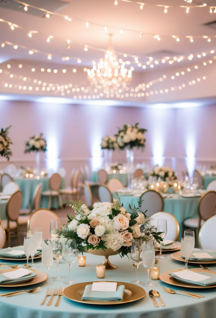 A light teal and gold wedding scene with elegant table settings, floral arrangements, and twinkling lights