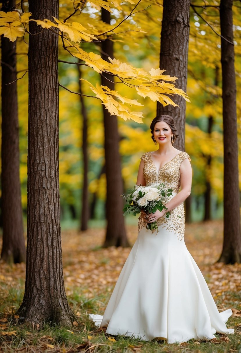 A woodland setting with golden leaves and brown tree trunks, accented with shimmering gold details on wedding attire