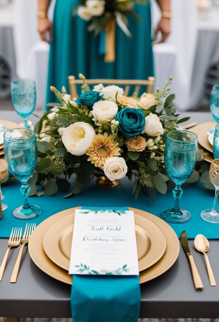 A table set with teal and gold invitation suites, surrounded by teal and gold wedding decor and flowers