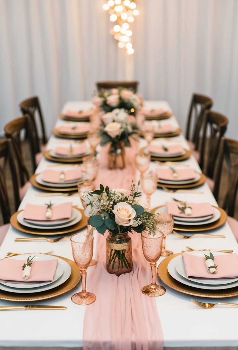 A rustic wedding table setting with blush accents and gold trim