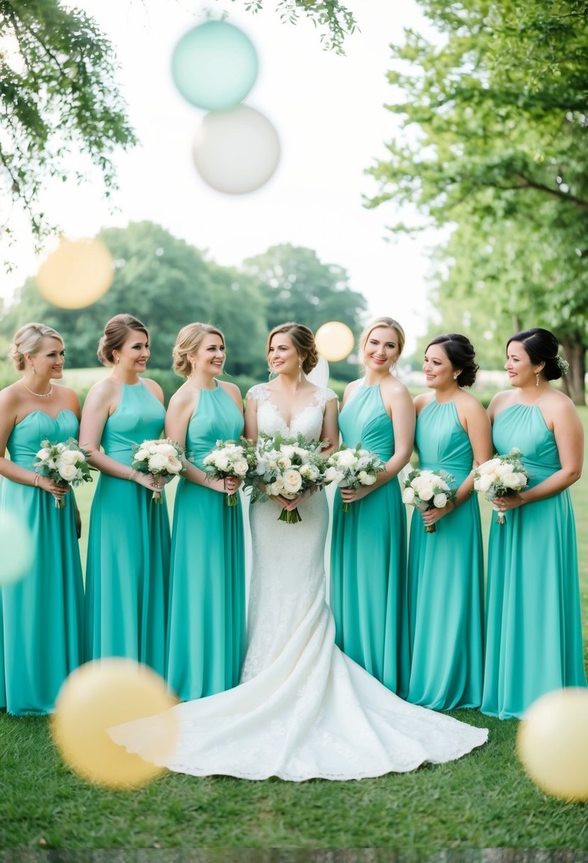 The bridesmaid dresses in light teal complement the gold and teal wedding decor, creating a soft and elegant color palette