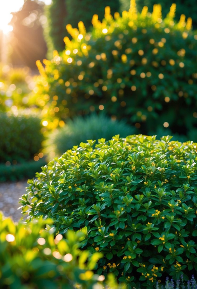 A lush emerald green garden with golden accents, shimmering in the warm sunlight