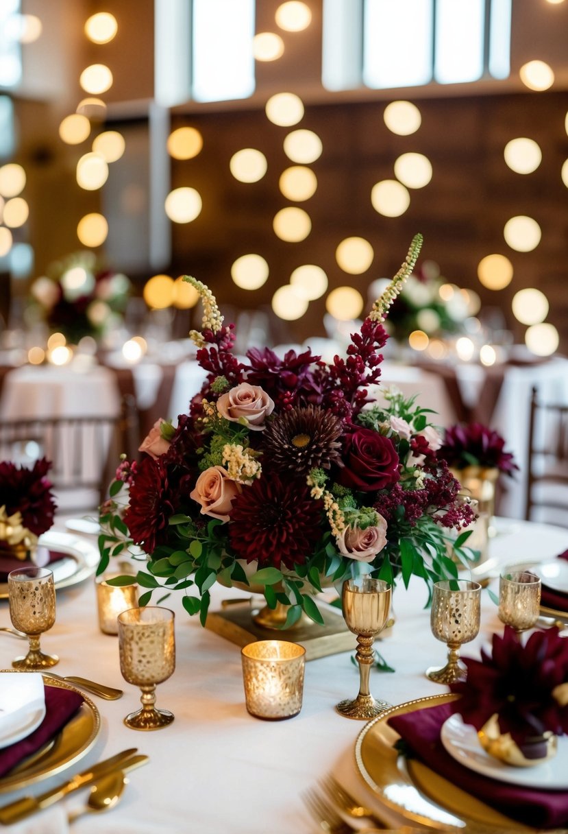 A table adorned with burgundy floral arrangements, accented with brown and gold decor for a wedding