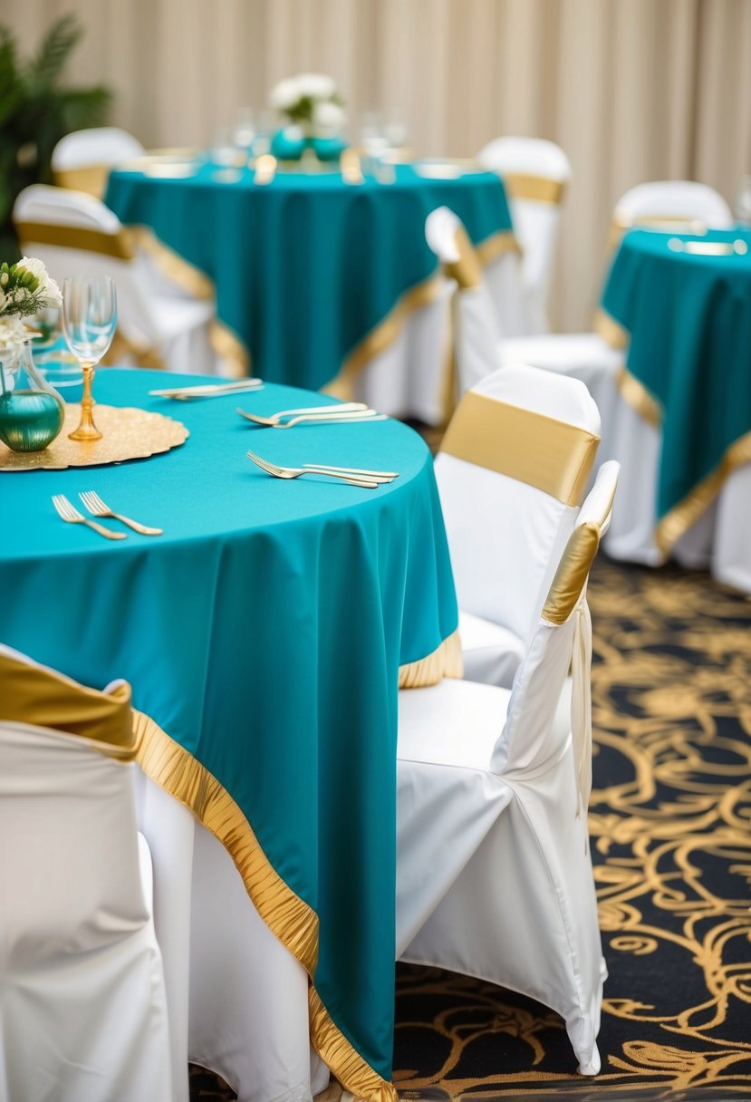 Gold-trimmed teal tablecloths draped over tables with teal and gold decor