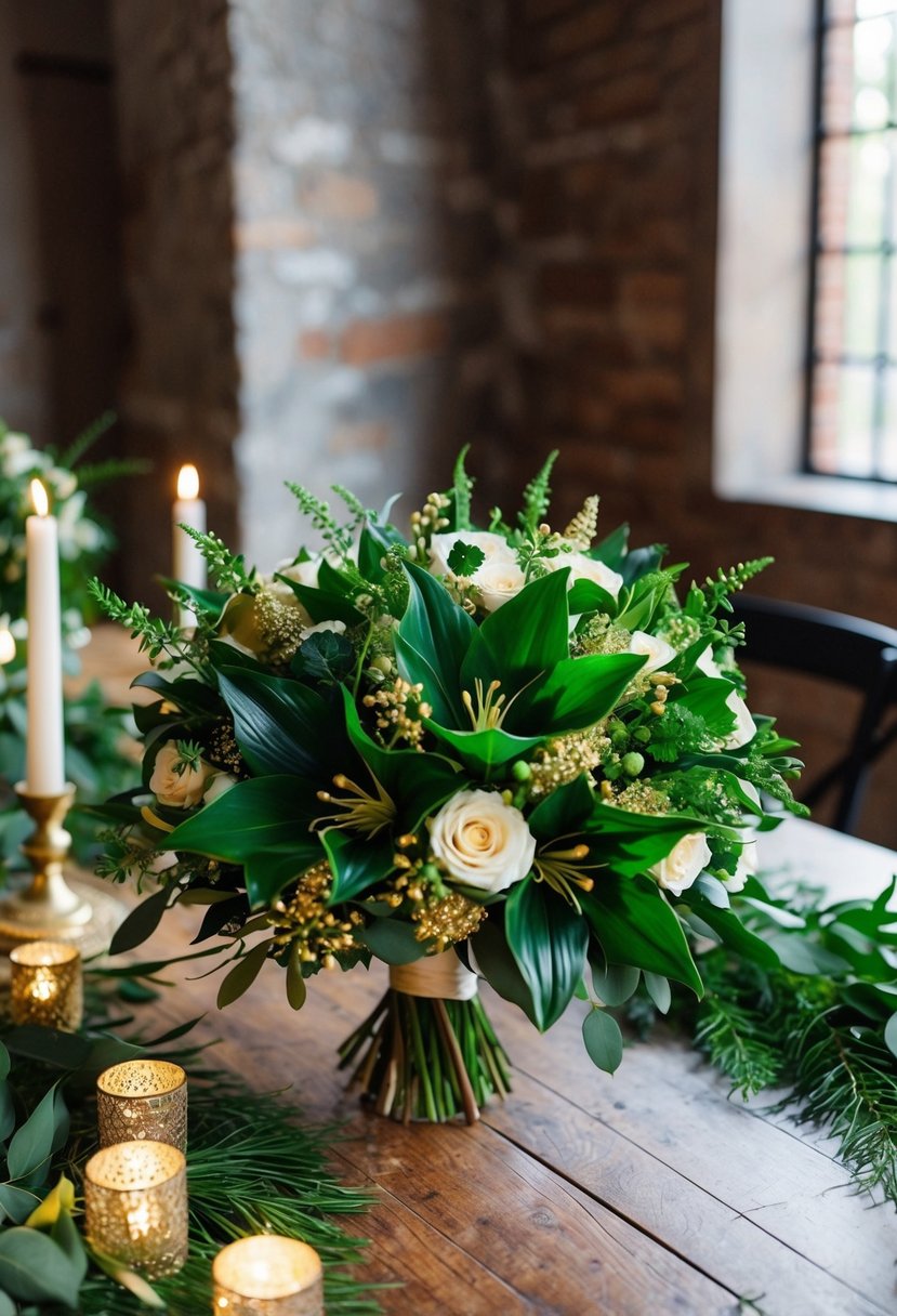 An emerald green and gold bridal bouquet sits on a rustic wooden table, surrounded by shimmering gold accents and lush greenery