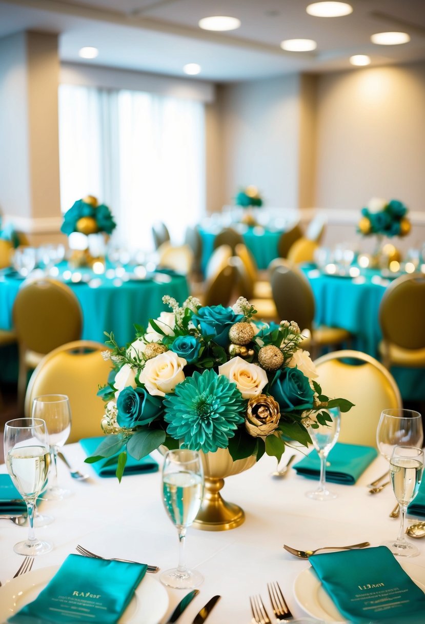 Teal and gold floral centerpieces adorn a wedding table, surrounded by matching teal and gold decor