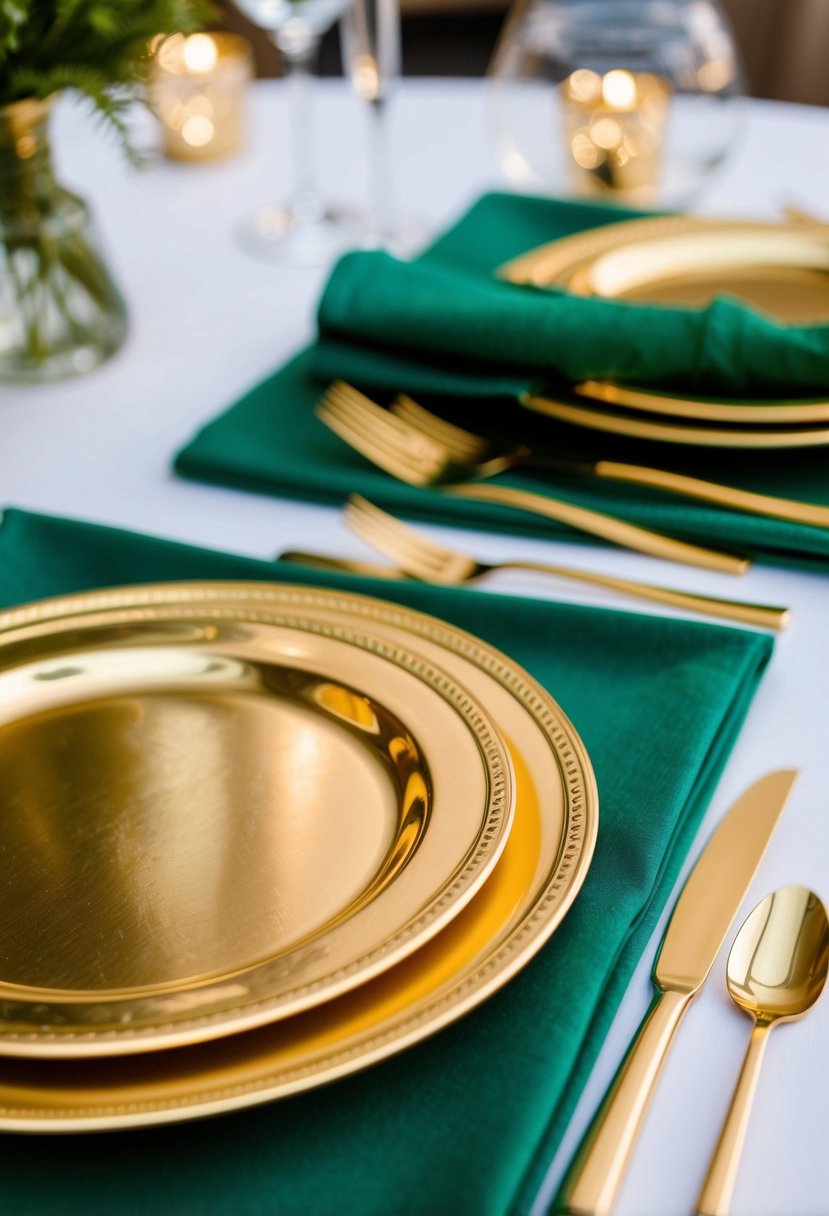 Gold chargers with emerald green napkins on a table