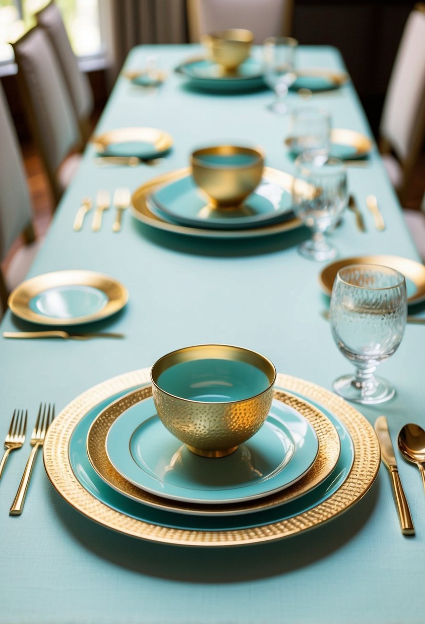 Gold-rimmed dinnerware arranged on a light teal tablecloth with gold accents