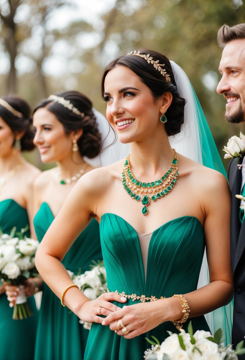 Emerald green dresses and gold jewelry in a wedding setting