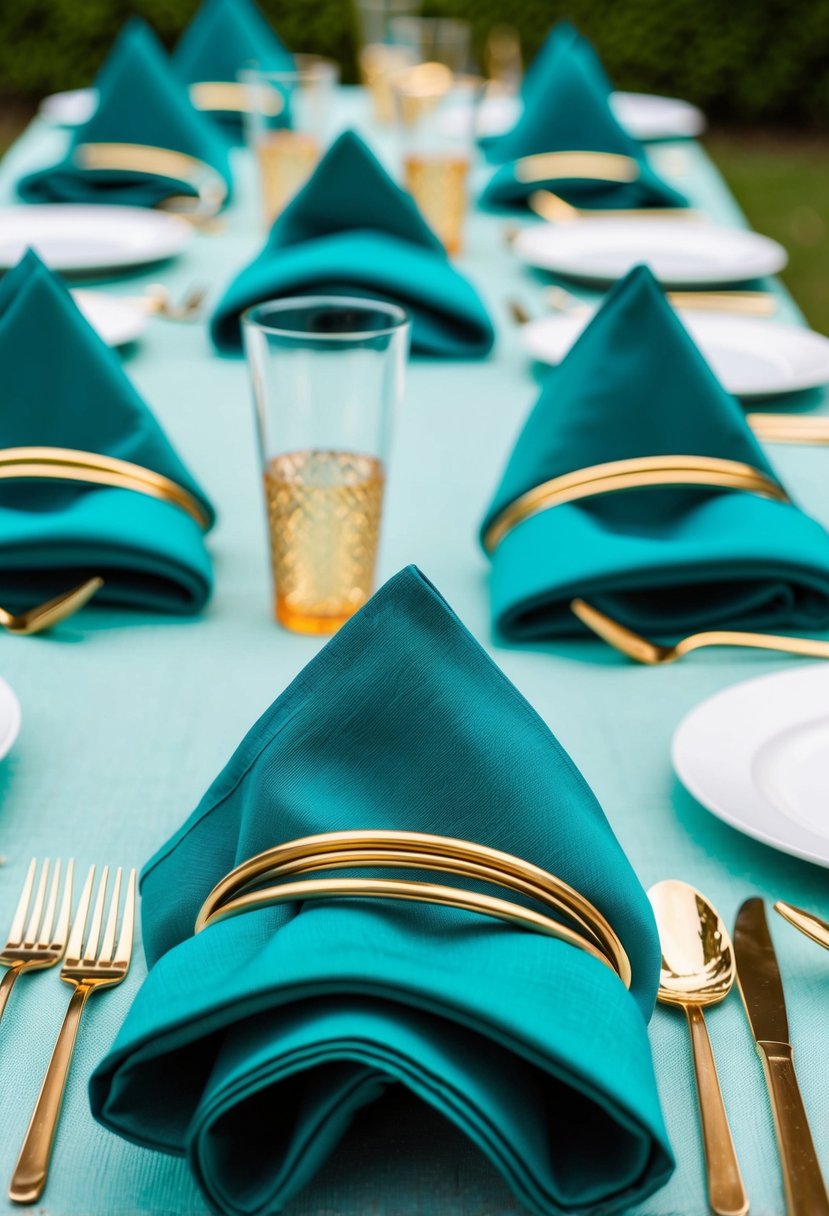 Teal napkins arranged with gold rings on a light teal tablecloth