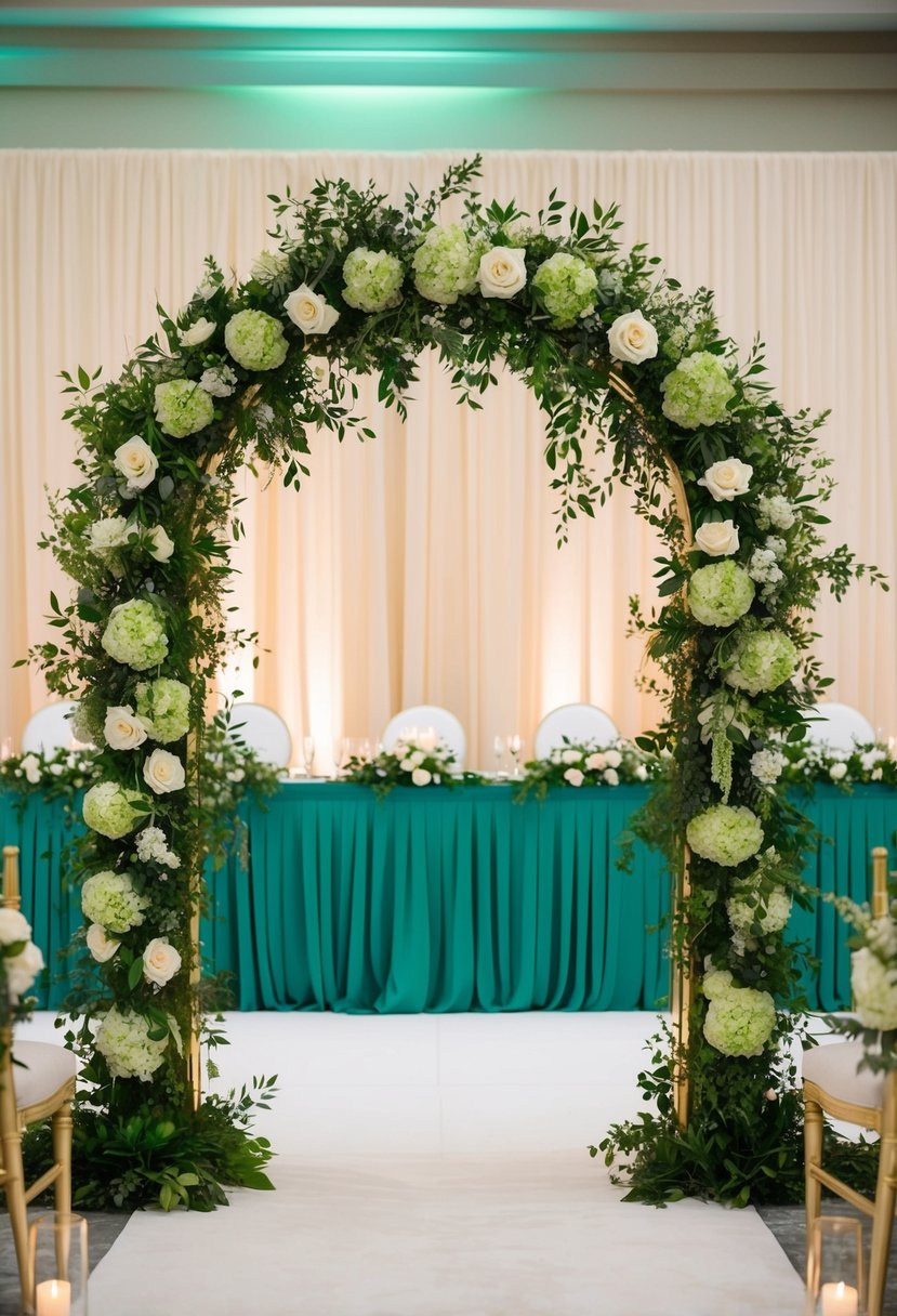 An emerald and gold wedding arch adorned with light green floral accents