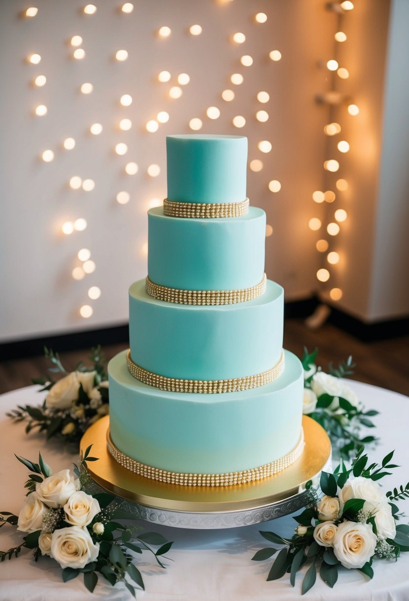 A three-tiered wedding cake with light teal and gold accents, surrounded by coordinating decor and flowers