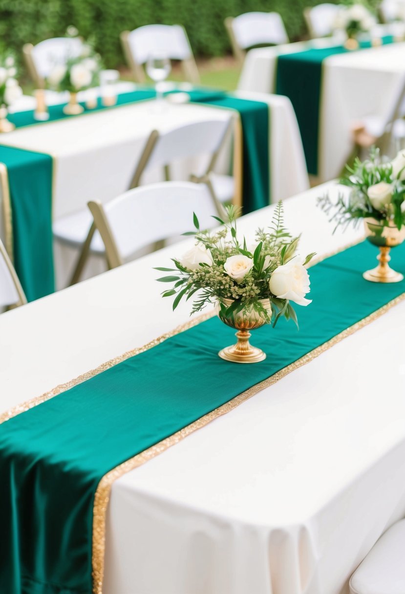 Emerald green table runners adorned with gold accents, set on a pristine white table