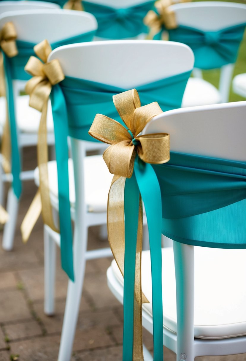 Teal and gold ribbons intertwined around white chairs in a wedding aisle